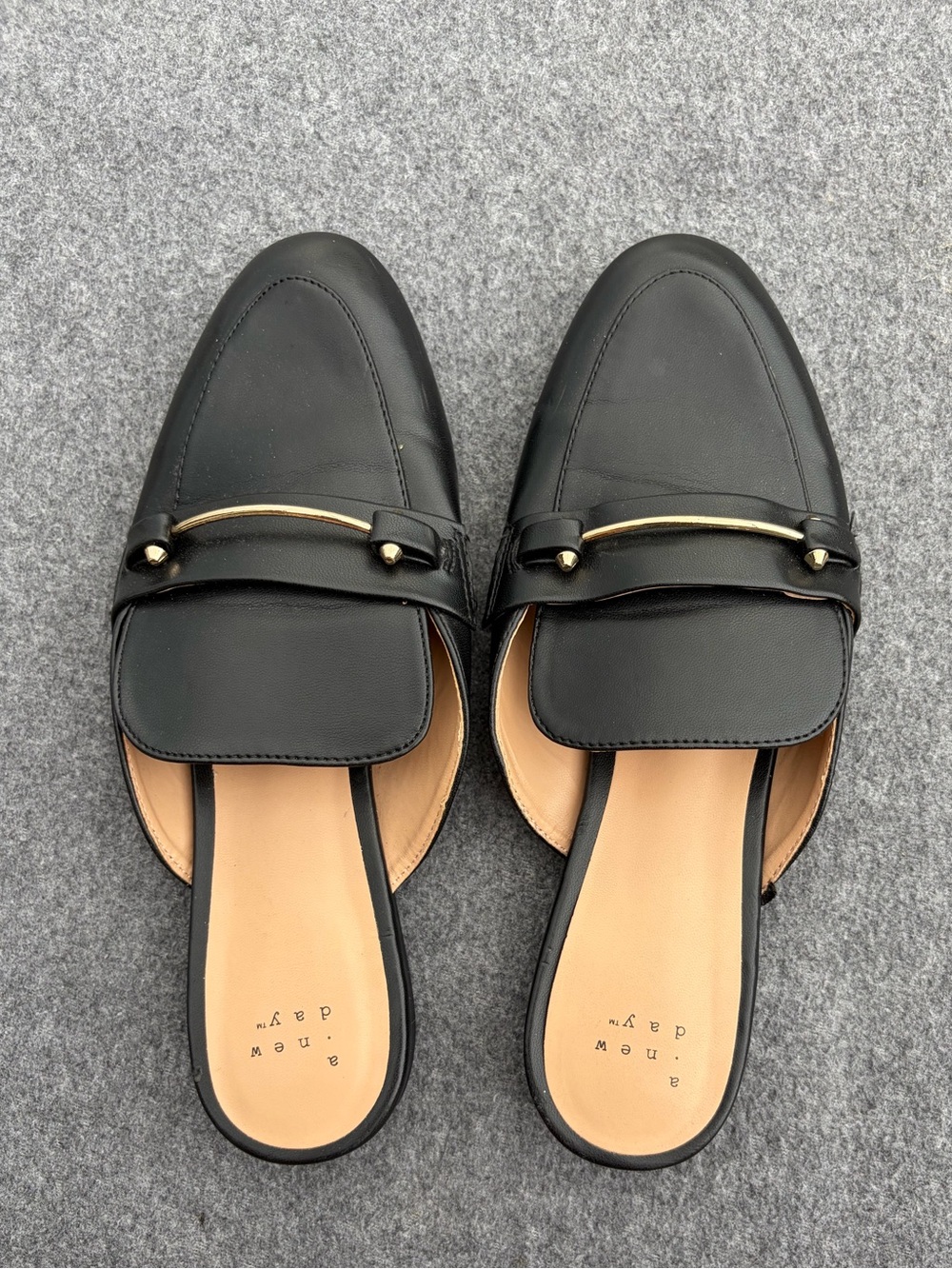 A New Day Slip-On Mules Gold Bar Detail Academia Preppy Fall Autumn Classic